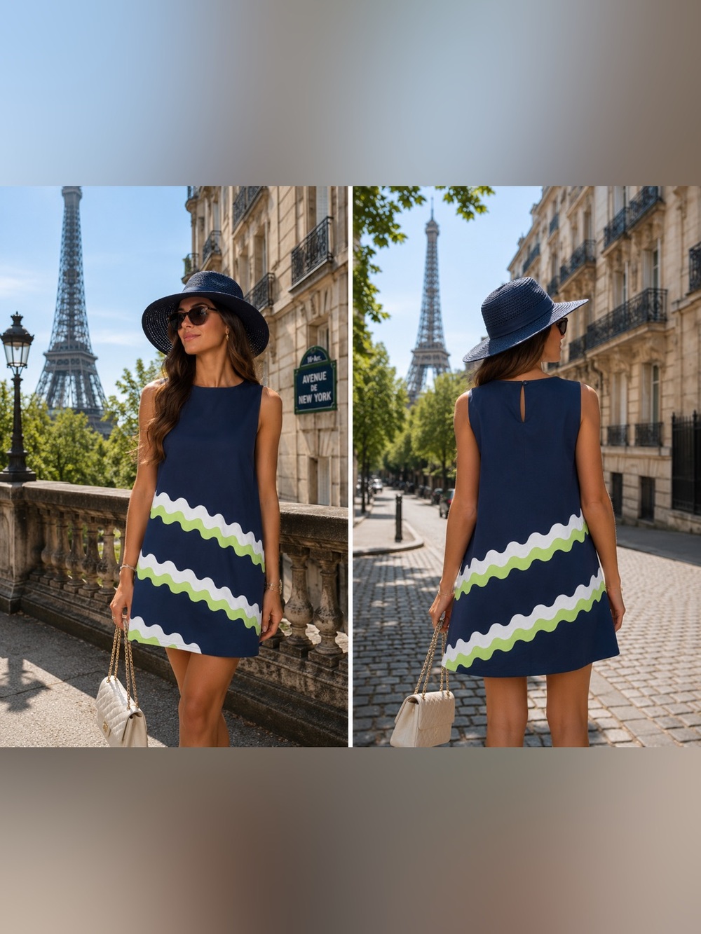 Prosperina Catania Navy Sleeveless Shift Dress with White & Lime Wave Stripes